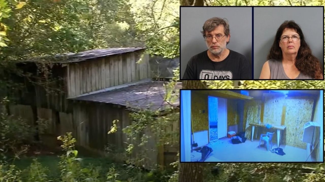 Inset, clockwise from top left: Donald Lantz (West Virginia Regional Jail and Correctional Facility Authority), Jeanne Whitefeather (WVRJ), and an interior photo of the shed taken by Whitefeather's brother (WCHS). Background: The shed where the couple locked up their adopted children in 2023 (WCHS).